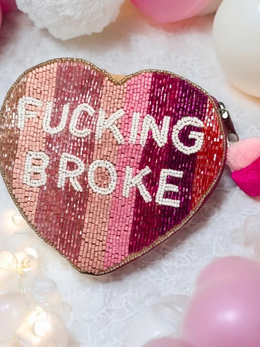 NWT-Francesca’s “F*cking Broke” Heart Beaded Coin Purse - Pink Gradient